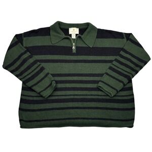 Vintage 90s Express Tricot Sweater Womens Medium Green Black Stripe Half Zip